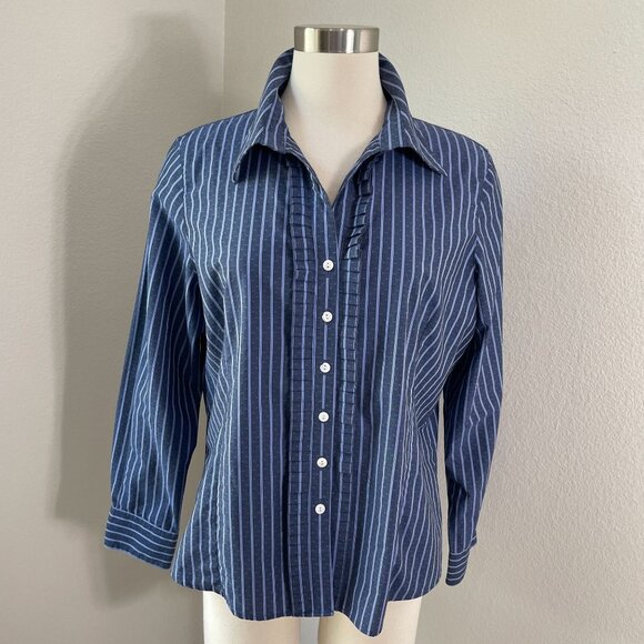 Foxcroft Womens 16P Wrinkle Free Fitted Button Up Shirt Blue Stripe Blouse Top - Picture 1 of 10